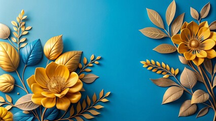 Watercolor abstract art with gold line flower, botanical leaves, blue shapes, luxury minimal style.