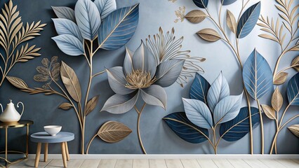 Watercolor abstract art with gold line flower, botanical leaves, blue shapes, luxury minimal style.