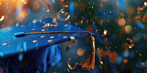 Cerulean mortarboard surrounded by celebratory confetti for educational success