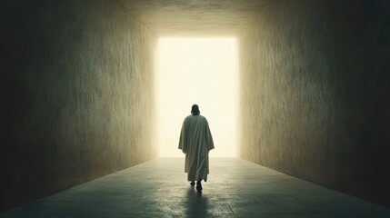 Wall Mural - Resurrection. Conceptual image of a man in white robe standing in front of the light.