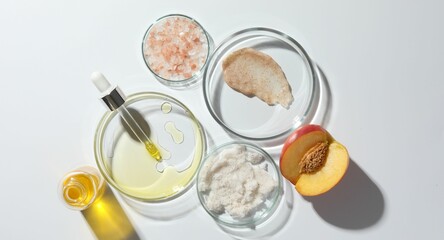 Poster - Petri dishes with different cosmetic products and peach on white background, flat lay