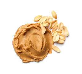 Wall Mural - Tasty peanut butter and groundnuts isolated on white, top view