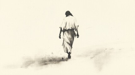 Wall Mural - Jesus in white robes walking in the desert. Illustration. Black and white.