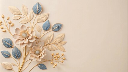 Watercolor abstract art with gold line flower, botanical leaves, blue shapes, luxury minimal style.