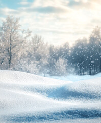 Wall Mural - snowy landscape with soft snowdrifts and gentle falling snow, set against a blurred background of wi