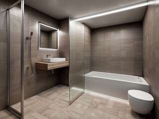 Wall Mural - Modern Bathroom with Glass Shower Enclosure, Bathtub, and Toilet