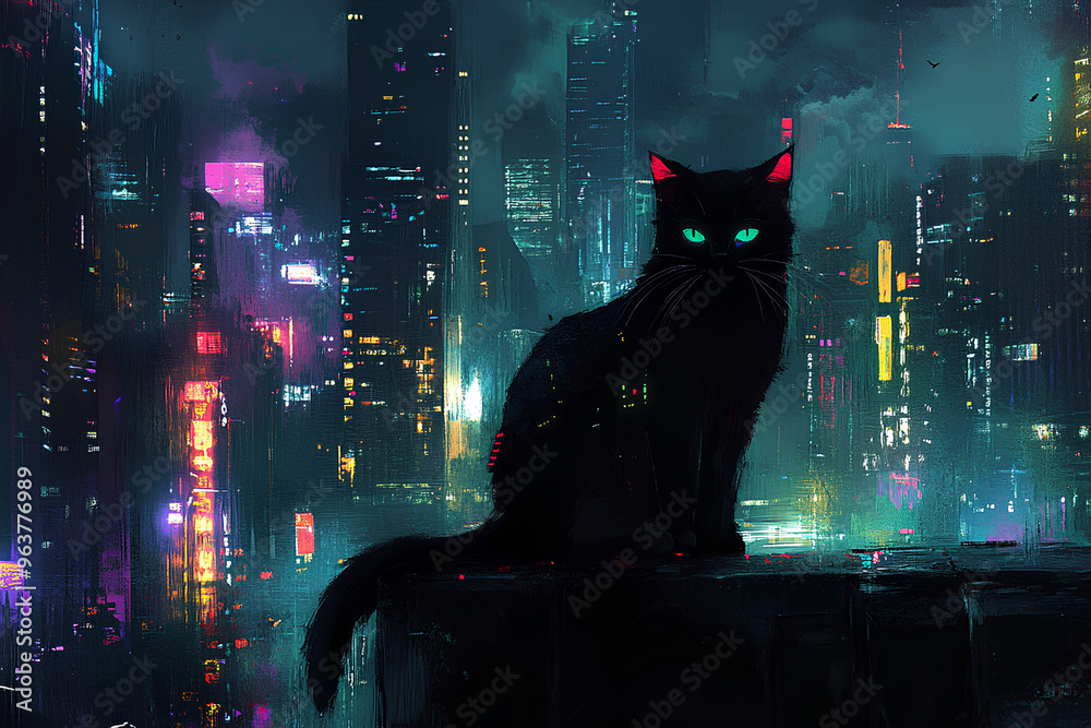 A black cat with glowing green eyes sits on a rooftop overlooking a ...