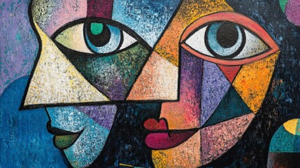 Abstract art featuring two cubist faces with geometric shapes and vibrant colors. Surreal and expressive modern artwork.