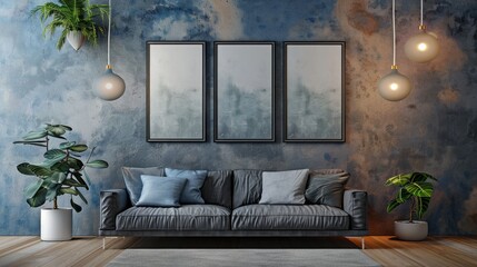 Canvas Print - Home decor with grey and blue textured wall and frame design.