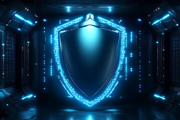 Poster - A glowing blue shield in a dark futuristic background.