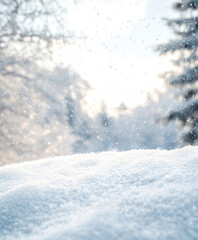 Wall Mural - snowy landscape with soft snowdrifts and gentle falling snow, set against a blurred background of wi
