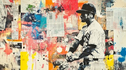 Poster - Abstract mixed media collage featuring a baseball player in action against a colorful, textured background with paint splashes.