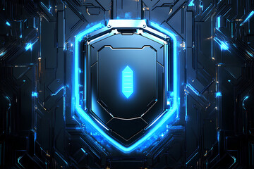 Poster - A futuristic, metallic shield with a glowing blue outline, set against a dark background with circuit board patterns.