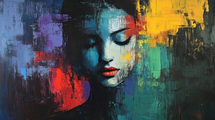 Wall Mural - Abstract portrait painting of a woman with colorful tones and textured brushstrokes, depicting emotion and depth in a vibrant artistic style.