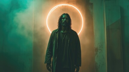 Portrait of Jesus in a dark room with neon light halo.