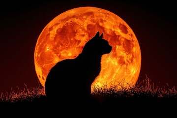Wall Mural - a black cat casting a shadow of a bat under a glowing crescent moon, minimalist halloween design, co