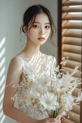 Poster - young beautiful korean bride standing with white tendet flower bouquet near the window with wooden blinds On neutral pastel studio background 