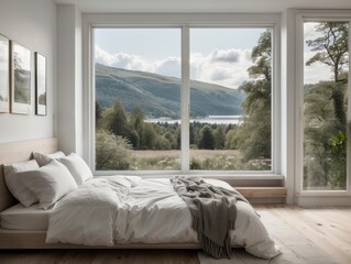 Wall Mural - Minimalist Bedroom with Lake and Mountain View Through Large Windows