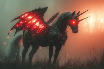 Wall Mural - unicorn with bat wings, glowing red eyes, and skeletal features standing on a spooky hill, copy spac