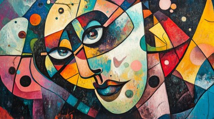 Wall Mural - Colorful abstract cubism painting of a face with geometric shapes, vivid hues, and intricate patterns.