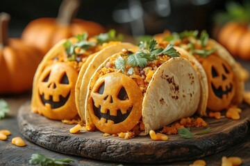 Wall Mural - Tacos with ghost-shaped tortillas and spiderweb designs, surrounded by spooky Halloween decorations, copy space for stock photo with minimal concept, No logo, No Trademark, No text