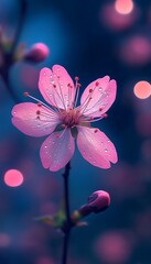 Single Pink Flower with Dew Drops on Blue Background