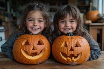 Wall Mural - siblings proudly showing their finished jack-o-lanterns, warm glowing pumpkins, copy space for stock
