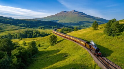 Wall Mural - Scenic Train Journey Through Lush Hills at Sunset