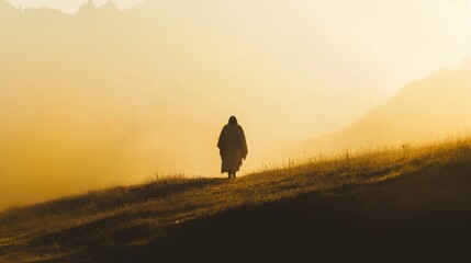 Wall Mural - Resurrection. Man walking in the fog at sunrise.