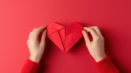 A person holding a red origami heart