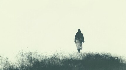 Wall Mural - Messiah. Silhouette of a man walking on a meadow in the fog.