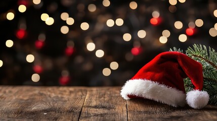 Wall Mural - festive christmas scene with santa hat on wooden table and blurred holiday lights in background