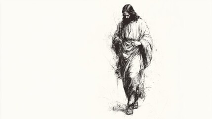 Poster - Black and white illustration of Jesus, captured in a peaceful walk.