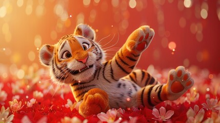 A playful cartoon tiger lying on flowers, exuding joy and charm in a vibrant setting.