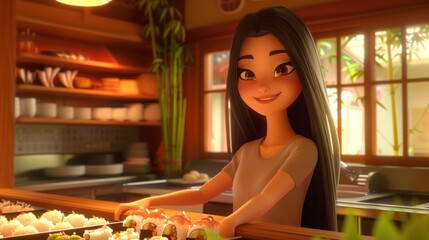 A smiling young woman prepares sushi in a cozy kitchen setting.