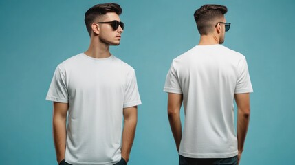 Wall Mural - A model showcases a plain white t-shirt from multiple angles against a blue background.