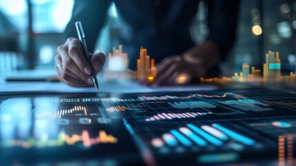 A person analyzing data with graphs and charts on a digital screen.