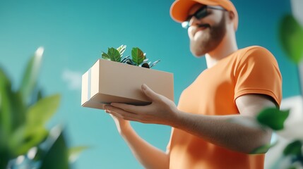 A cheerful delivery person holding a box of plants, showcasing a vibrant, green lifestyle in a bright, sunny environment.