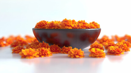 3D Glossy Offering Bowl Surrounded by Holographic Marigolds for Dia de Muertos Celebration, Isolated on White Background - Serene Spiritual Concept