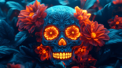 3D Glowing Sugar Skull with Digital Floral Patterns: A Modern Dia de Muertos Icon in Abstract Style on White Background