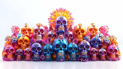 3D Holographic Altar with Glossy Skulls - Vibrant Dia de Muertos Concept Wide Shot on White Background | Spiritual & Festive Icon for Creative Projects