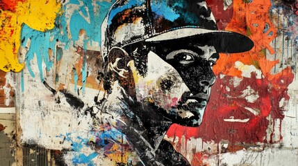 Dynamic urban graffiti portrait of a man with hat, blending vibrant colors and abstract patterns for striking visual impact and contemporary street art.