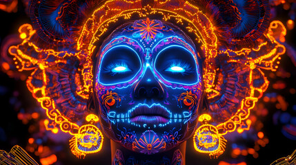 3d neon catrina figure artwork - vibrant digital glow & abstract patterns celebrating dia de muertos