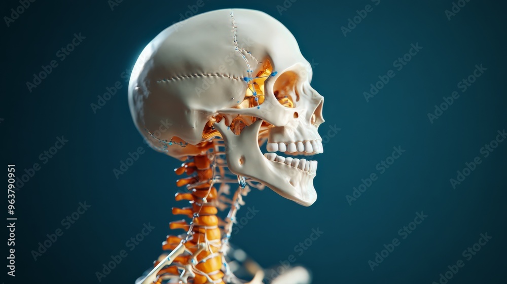 Human skeletal system model side view demonstrating the skull and spine ...