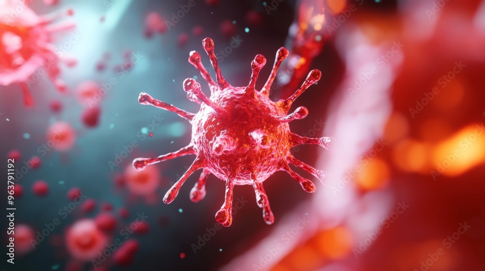 Microscopic view of a virus particle with vibrant red spikes and a ...