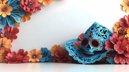 3D Papel Picado and Catrina Hat Border Frame Design with Copy Space for Dia de Muertos Celebrations - Elegant and Cultural Richness in One Concept