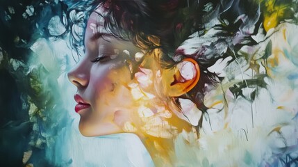 Wall Mural - Surreal painting of a woman's face in profile with vibrant colors and abstract nature elements in the background.