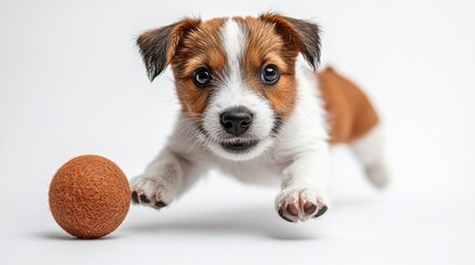 Dog playing with a ball on white background