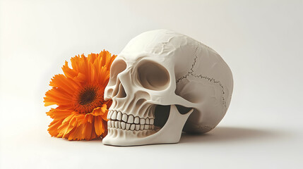 3D Skull and Marigold Petal Vector Illustration for Dia de Muertos - Detailed Minimalistic Design Isolated on White Background