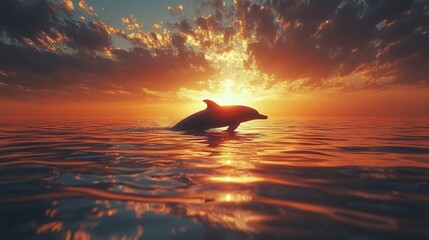 Dolphin silhouette against a sunset on white background